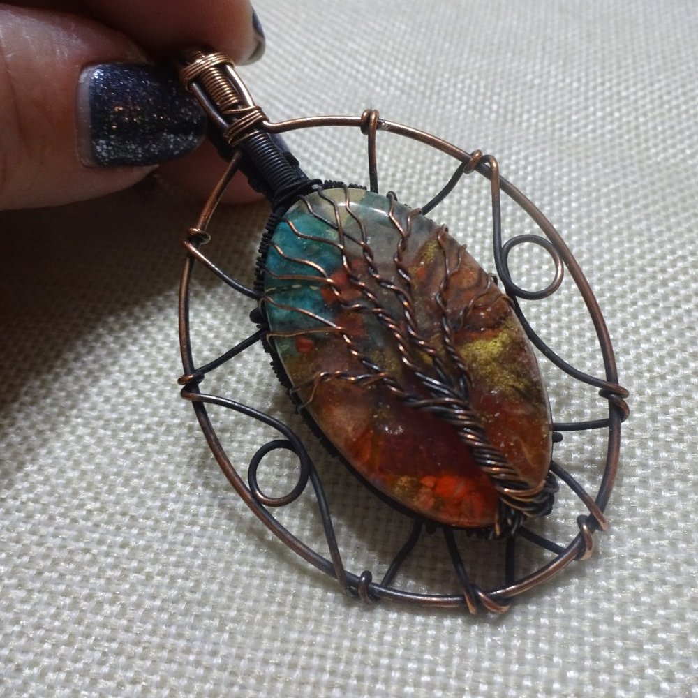 Rustic "OYSTER TURQUOISE" WIRE-WRAPPED TREE Handmade Copper Pendant/Chain #479B
